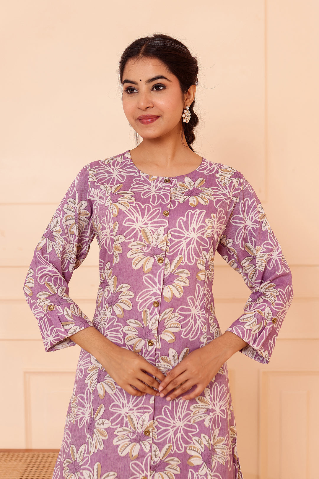 Lavender Floral Printed Straight Cut Rayon Kurta Set.