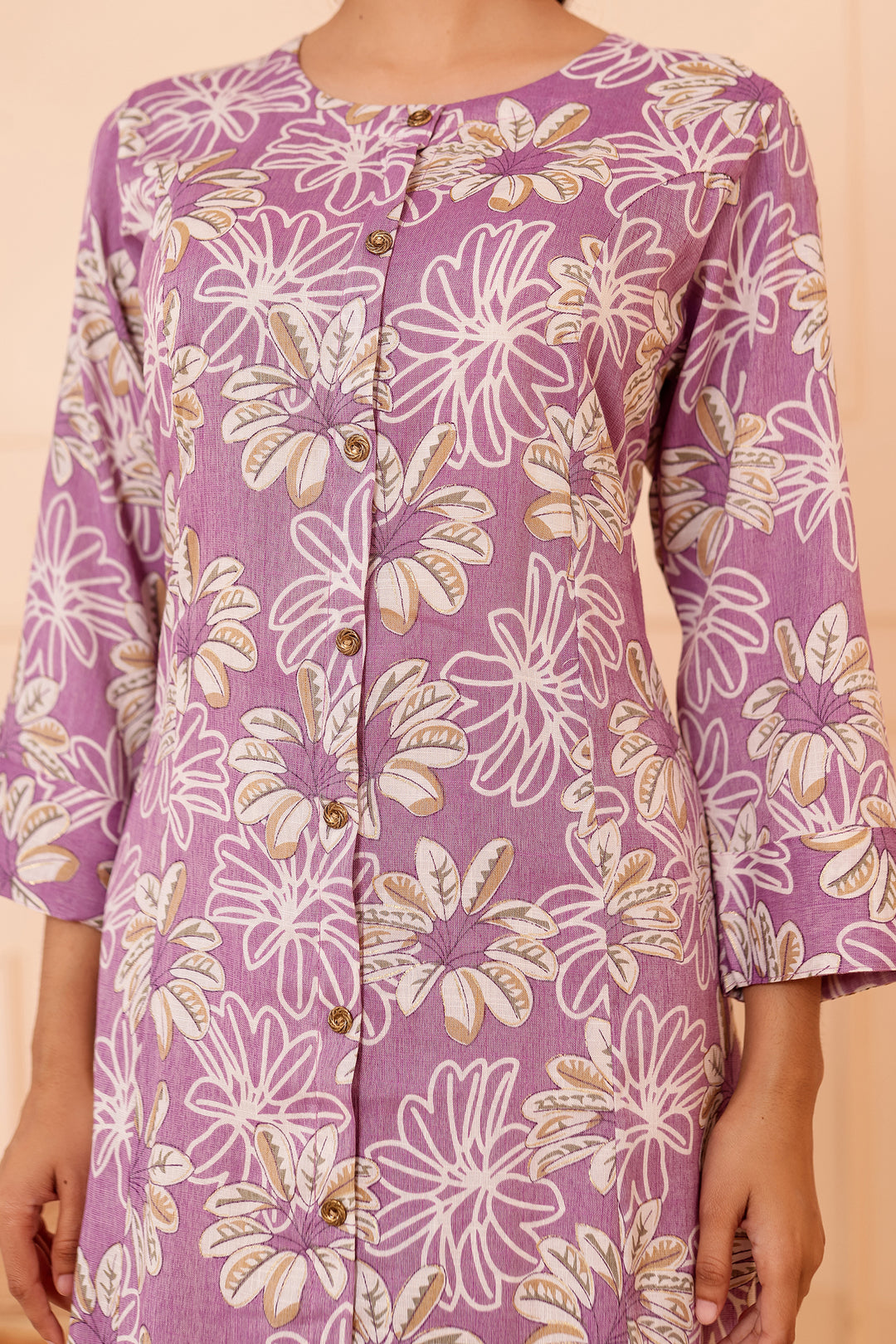 Lavender Floral Printed Straight Cut Rayon Kurta Set.