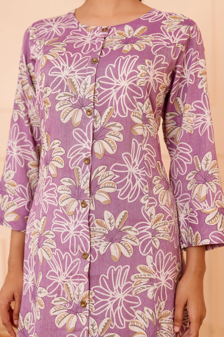 Lavender Floral Printed Straight Cut Rayon Kurta Set.