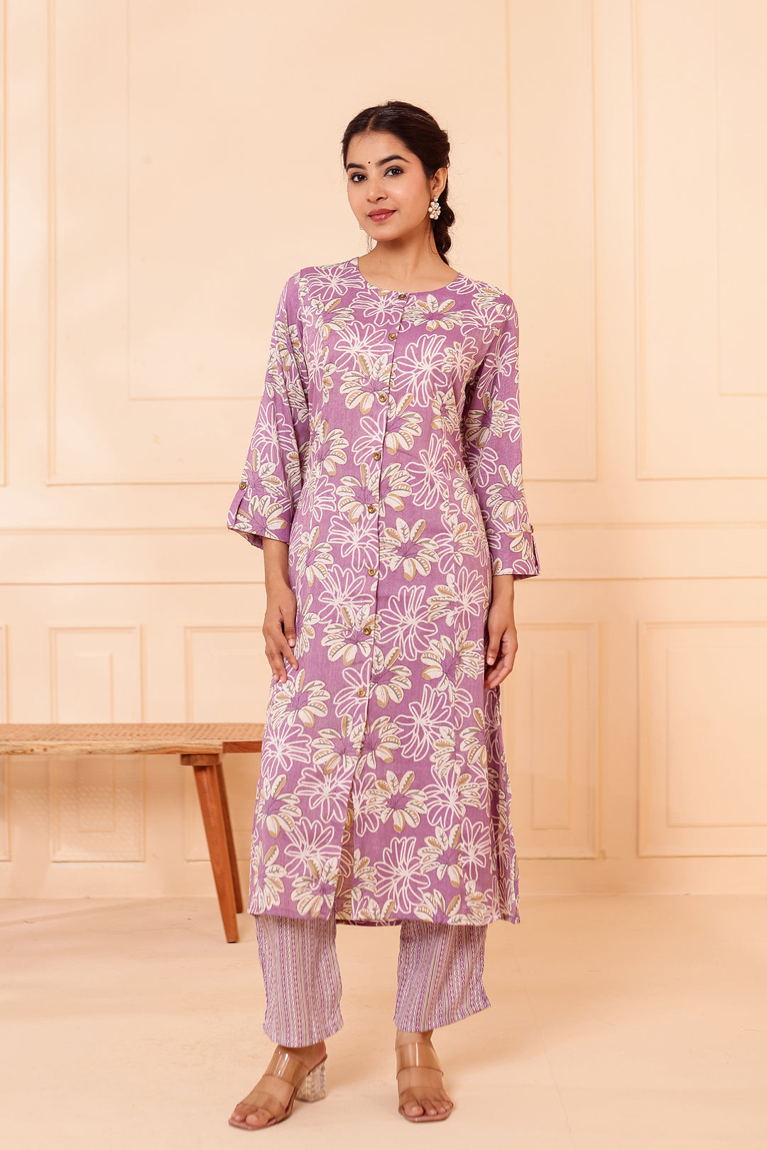 Lavender Floral Printed Straight Cut Rayon Kurta Set.