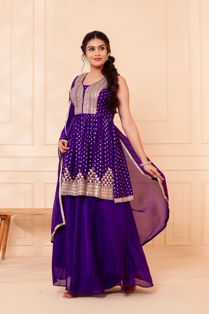 Purple Banarsi Flared Palazzo Suit.