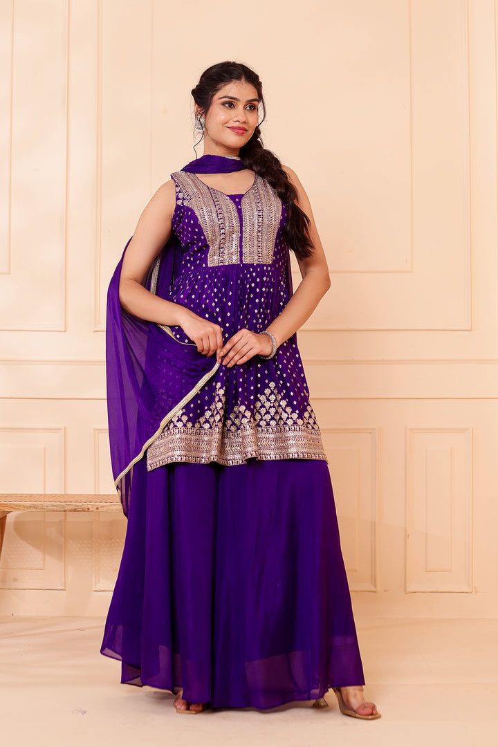 Purple Banarsi Flared Palazzo Suit.