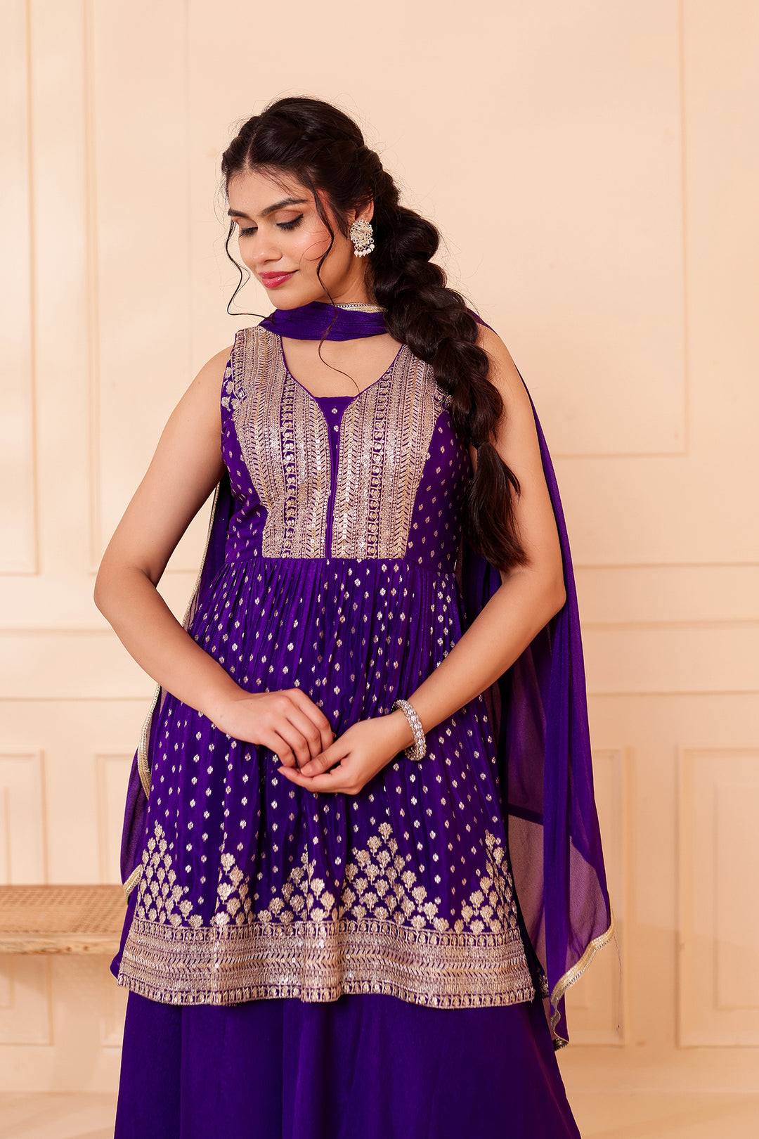 Purple Banarsi Flared Palazzo Suit.