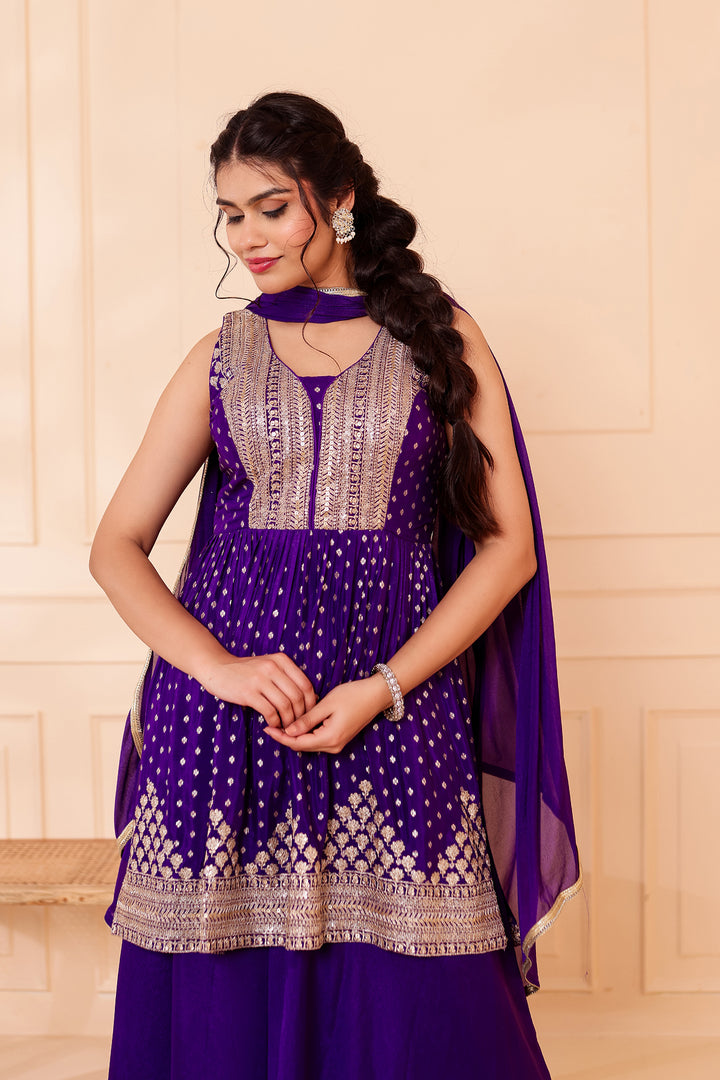 Purple Banarsi Flared Palazzo Suit.
