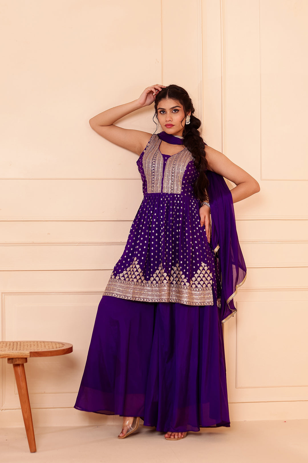 Purple Banarsi Flared Palazzo Suit.