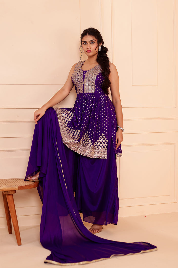 Purple Banarsi Flared Palazzo Suit.