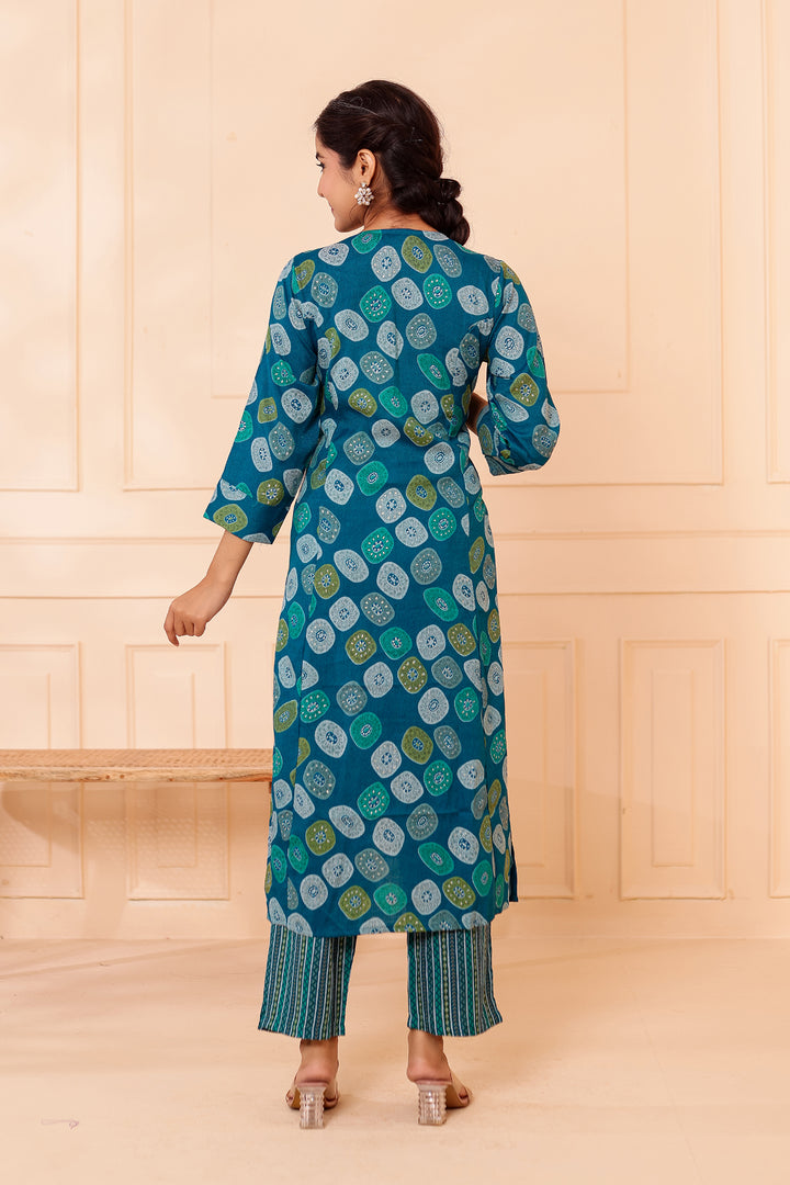 Blue Printed Straight Cut Rayon Kurta Set.