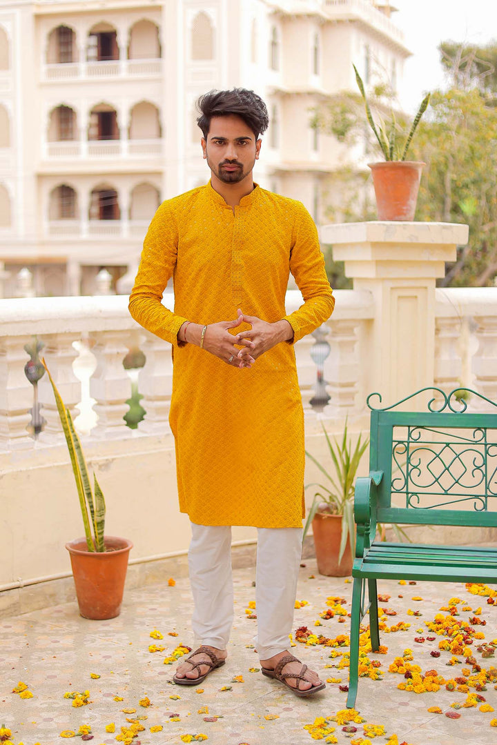 Yellow Lucknowi Kurta Suit With Sequin Work.