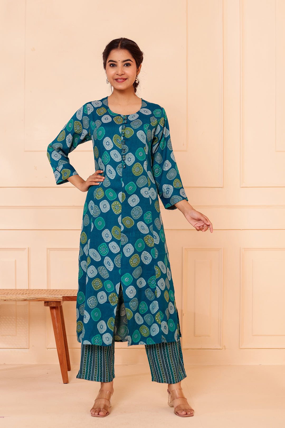 Blue Printed Straight Cut Rayon Kurta Set.