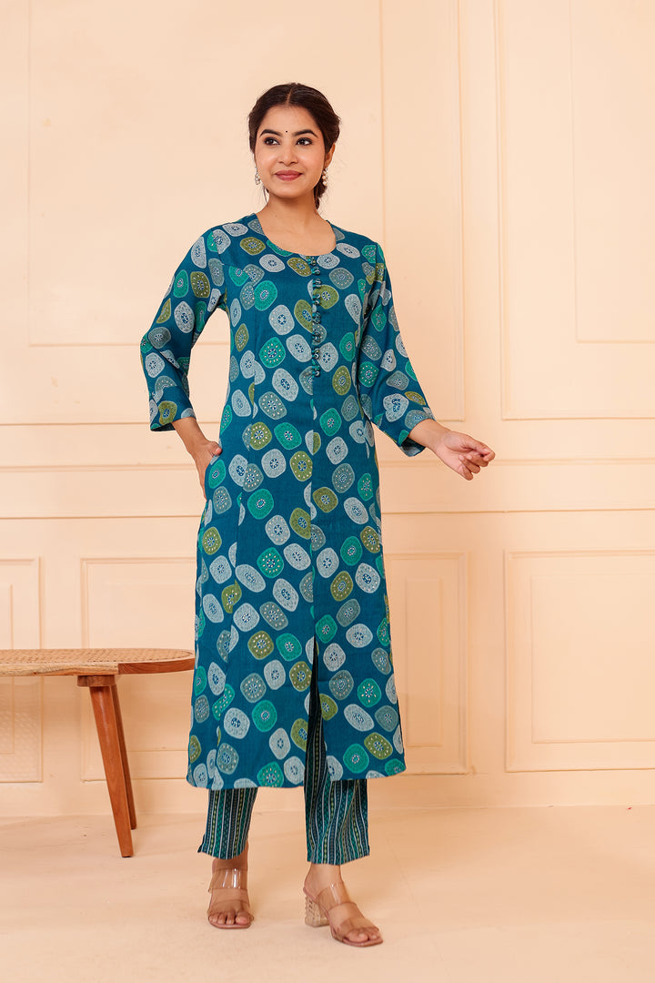 Blue Printed Straight Cut Rayon Kurta Set.