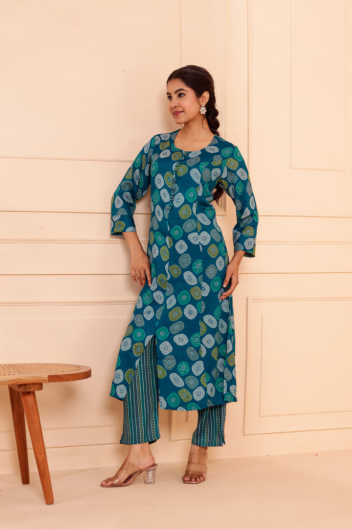 Blue Printed Straight Cut Rayon Kurta Set.