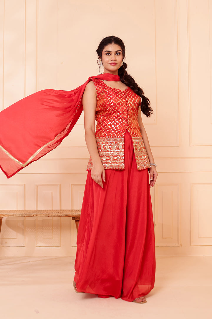 Rusty Orange Banarsi Brocade Silk Palazzo Suit.