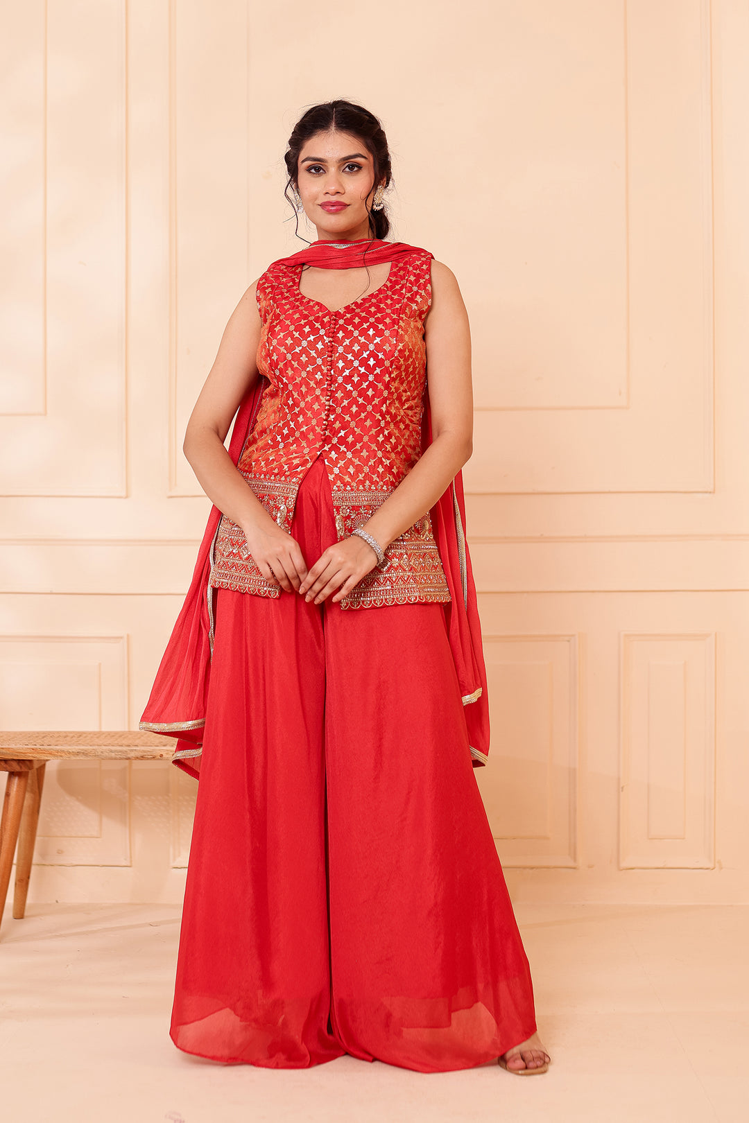 Rusty Orange Banarsi Brocade Silk Palazzo Suit.
