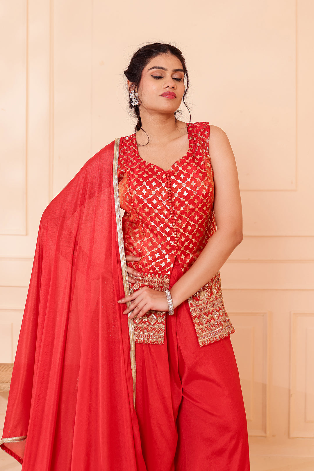 Rusty Orange Banarsi Brocade Silk Palazzo Suit.