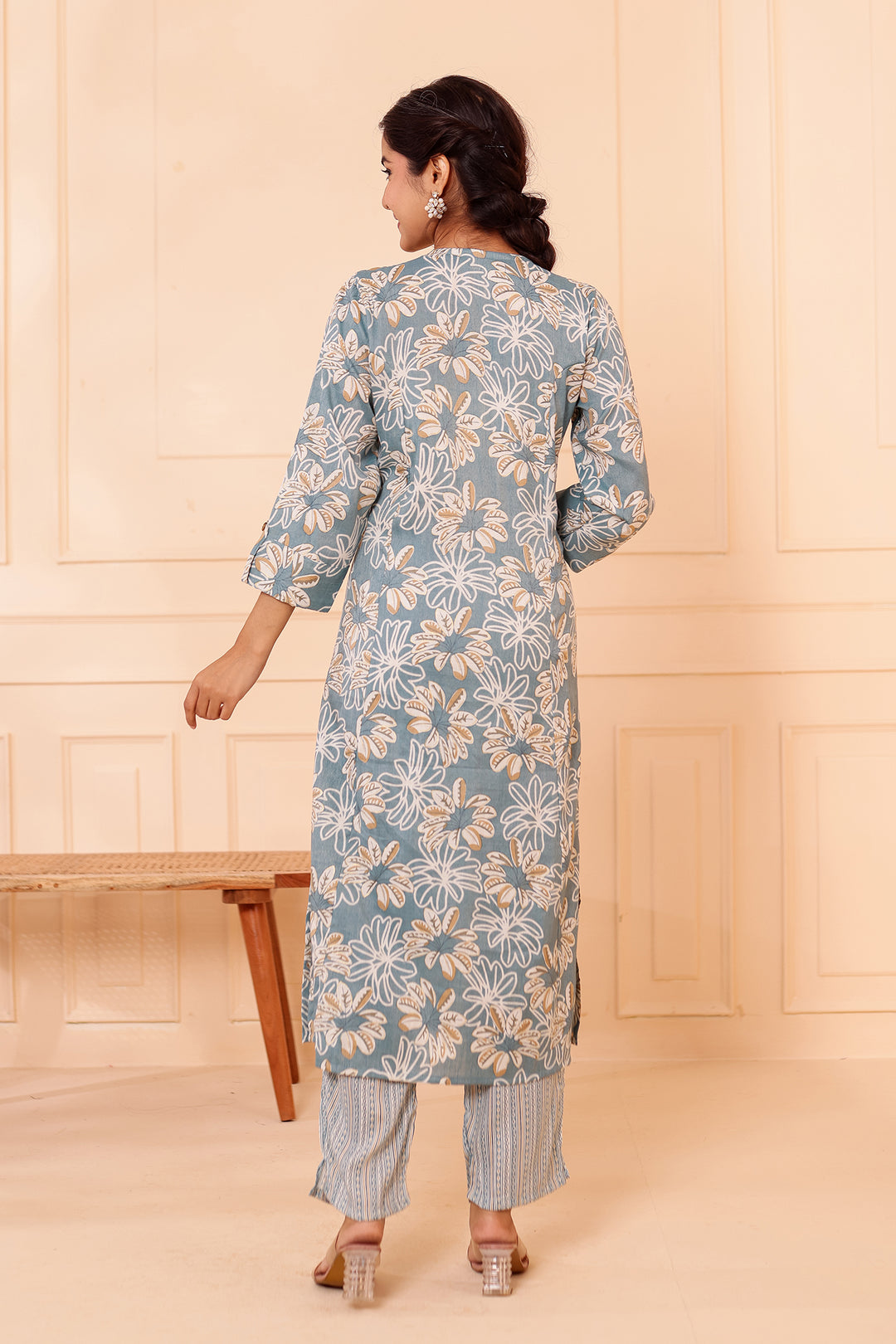 Dusty Blue Floral Printed Straight Cut Rayon Kurta Set.