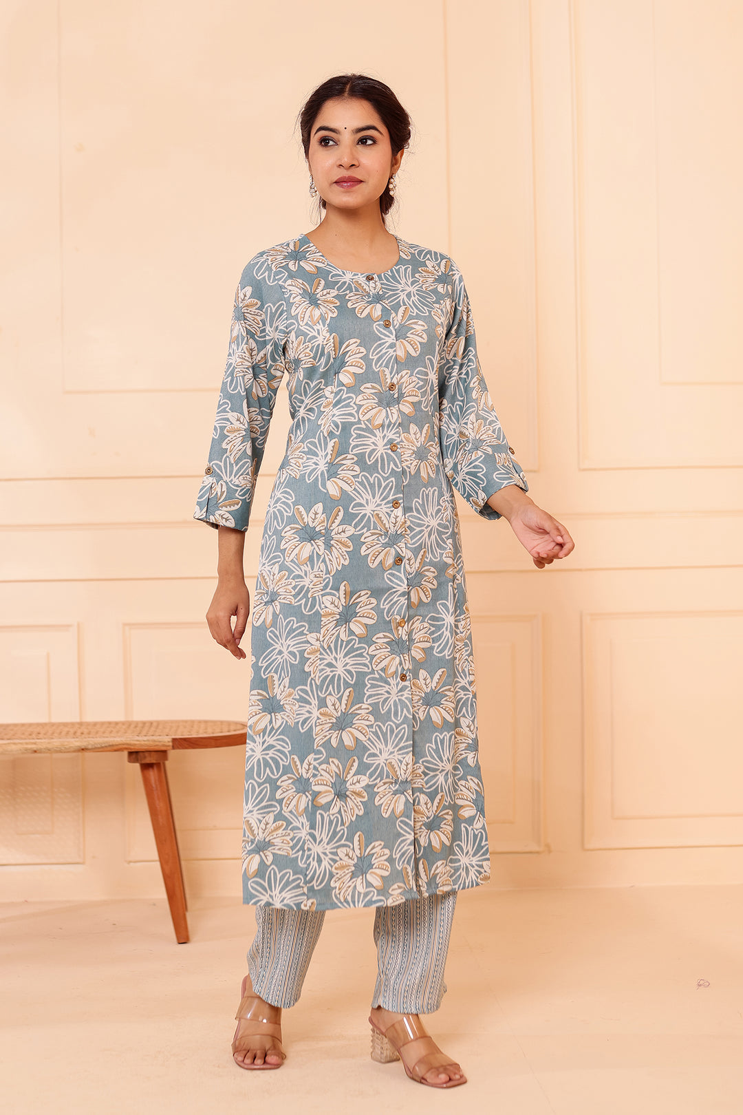 Dusty Blue Floral Printed Straight Cut Rayon Kurta Set.