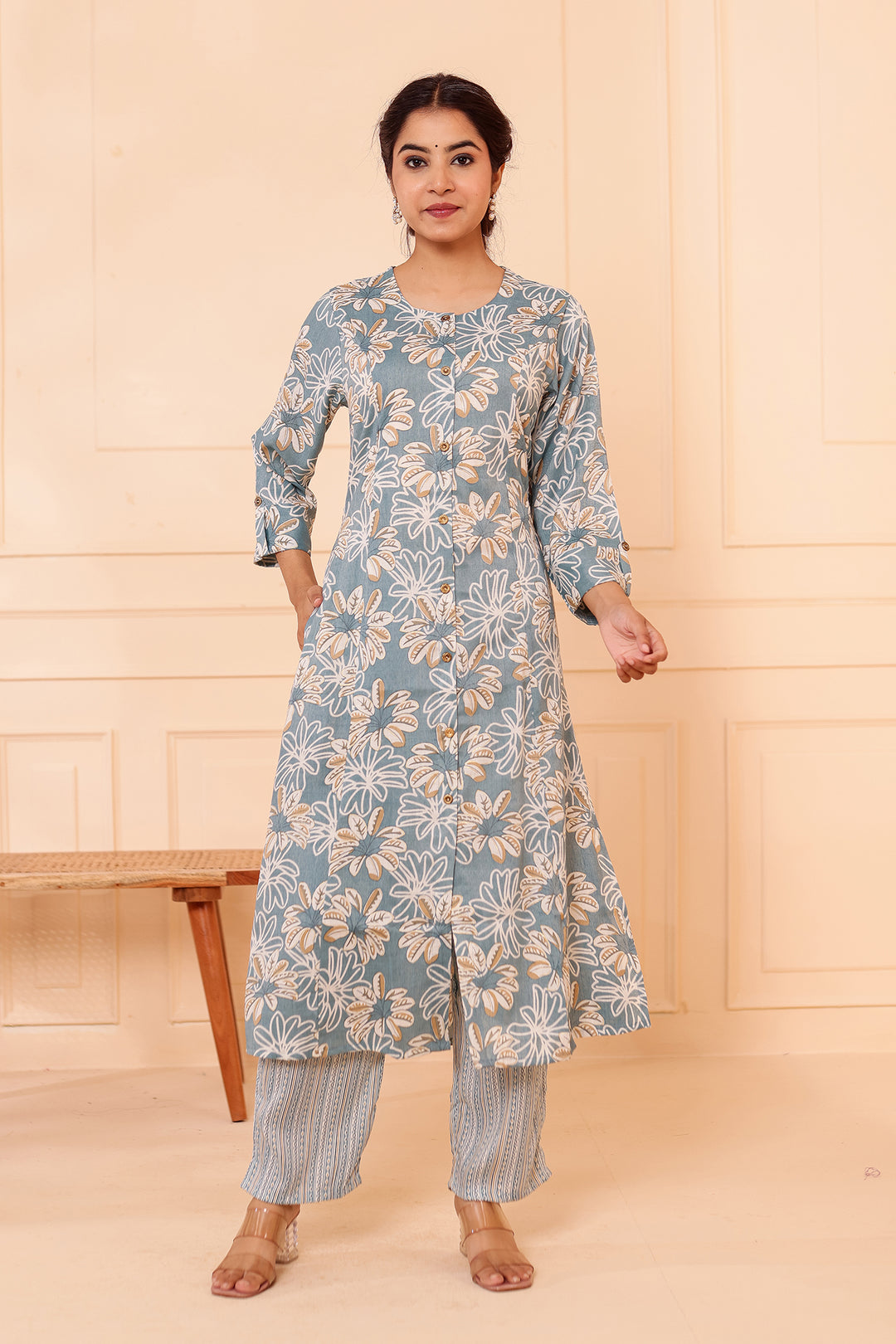 Dusty Blue Floral Printed Straight Cut Rayon Kurta Set.