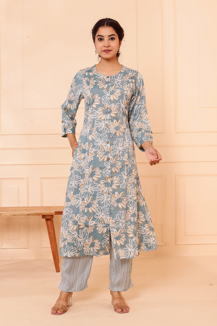 Dusty Blue Floral Printed Straight Cut Rayon Kurta Set.