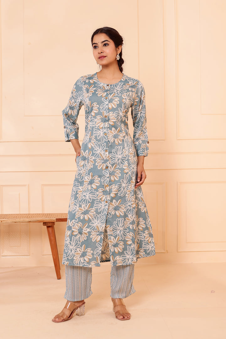 Dusty Blue Floral Printed Straight Cut Rayon Kurta Set.