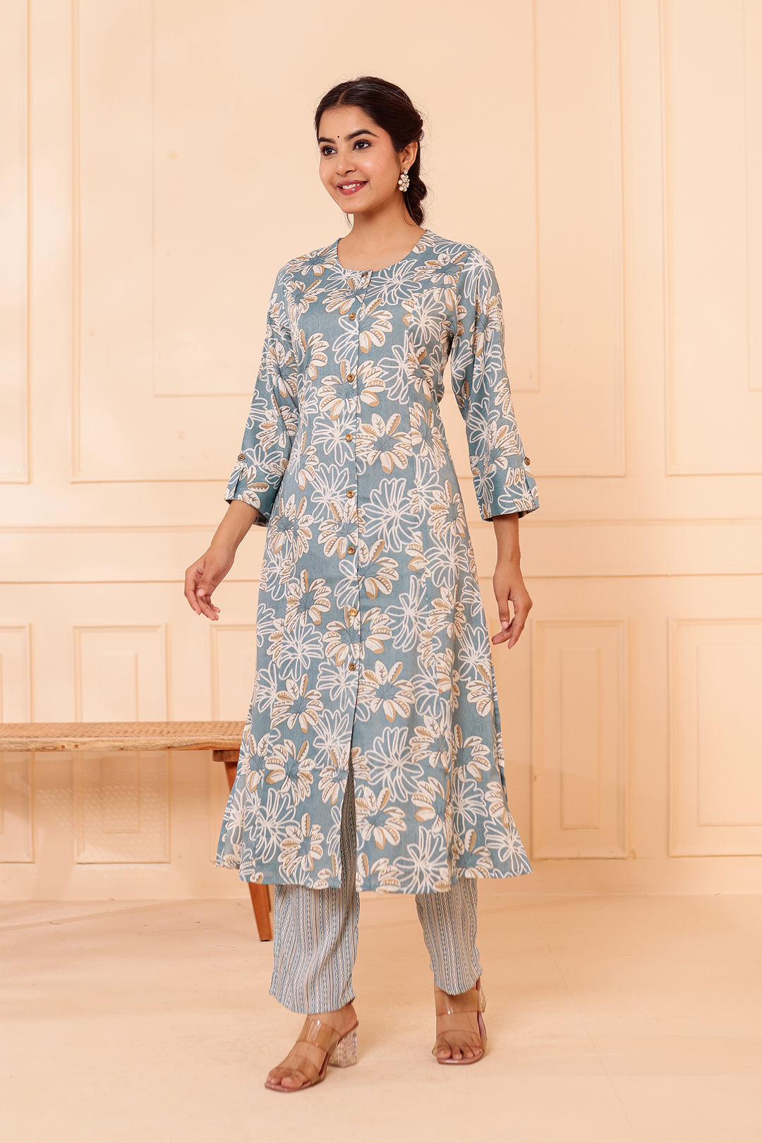 Dusty Blue Floral Printed Straight Cut Rayon Kurta Set.