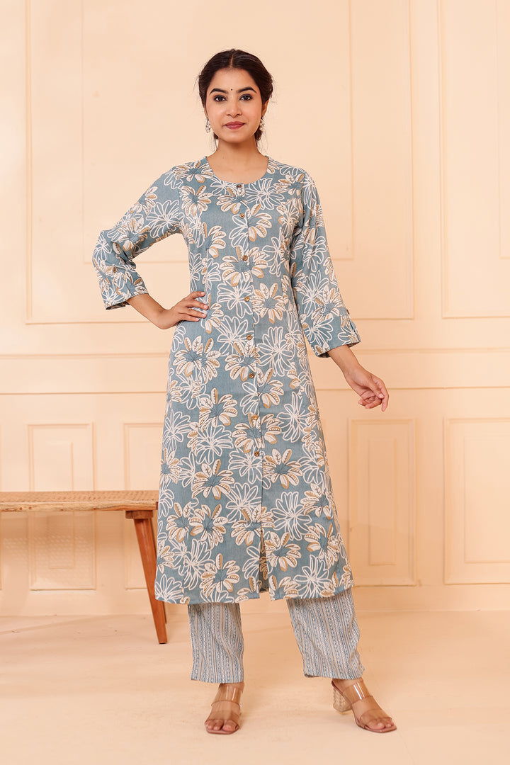 Dusty Blue Floral Printed Straight Cut Rayon Kurta Set.
