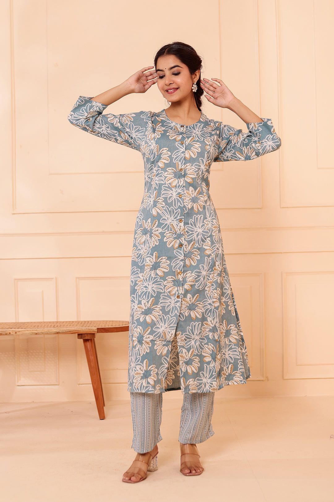 Dusty Blue Floral Printed Straight Cut Rayon Kurta Set.