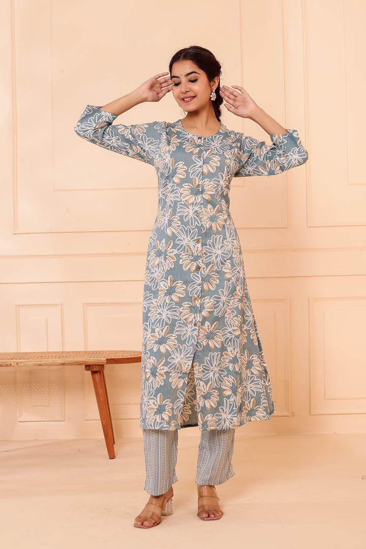 Dusty Blue Floral Printed Straight Cut Rayon Kurta Set.