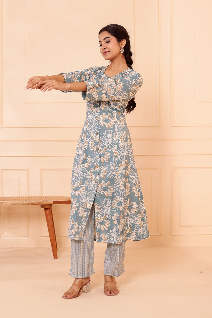 Dusty Blue Floral Printed Straight Cut Rayon Kurta Set.