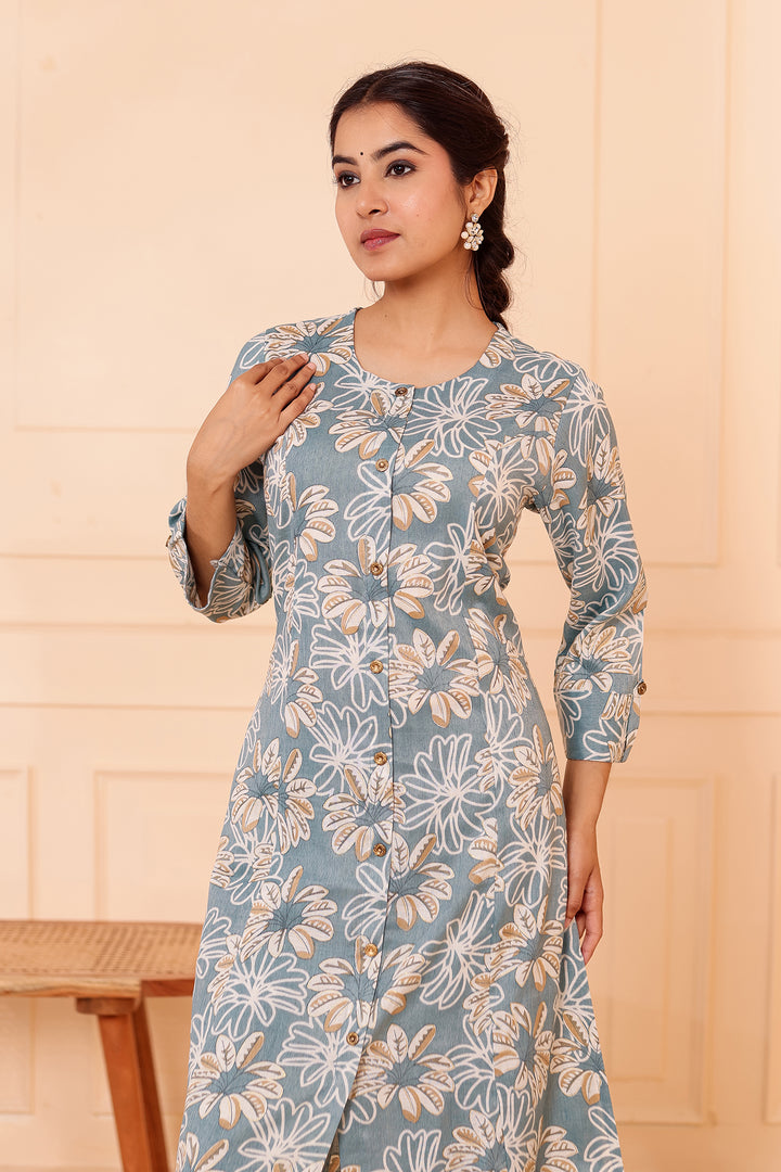 Dusty Blue Floral Printed Straight Cut Rayon Kurta Set.