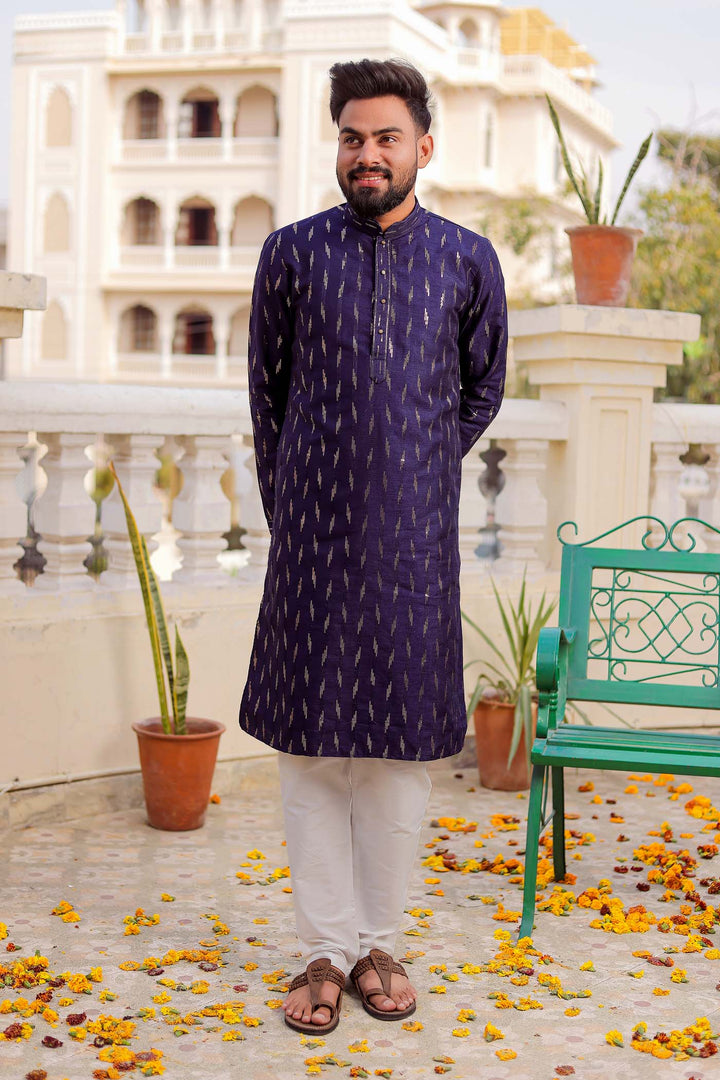 Navy Blue Raw Silk Kurta Suit With Sequin Embroidery All Over.