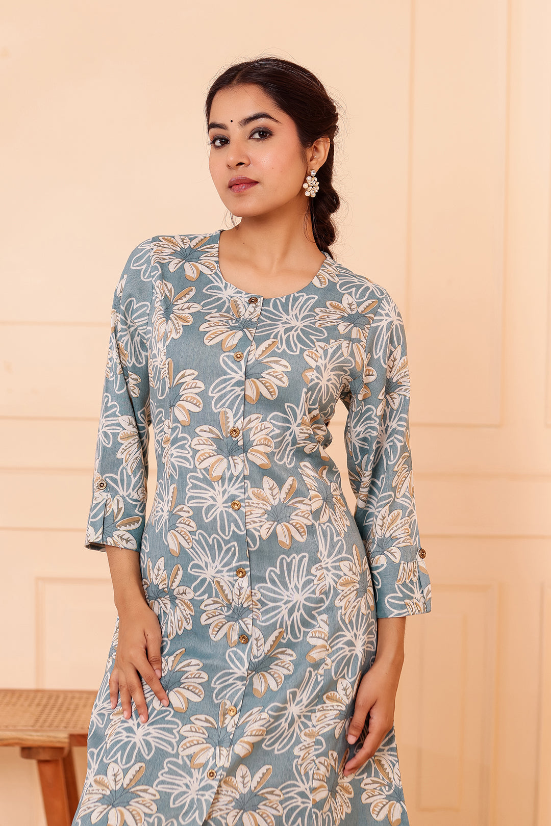 Dusty Blue Floral Printed Straight Cut Rayon Kurta Set.