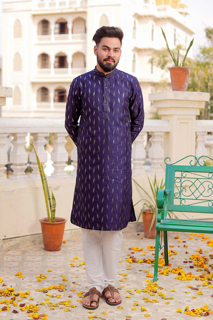 Navy Blue Raw Silk Kurta Suit With Sequin Embroidery All Over.