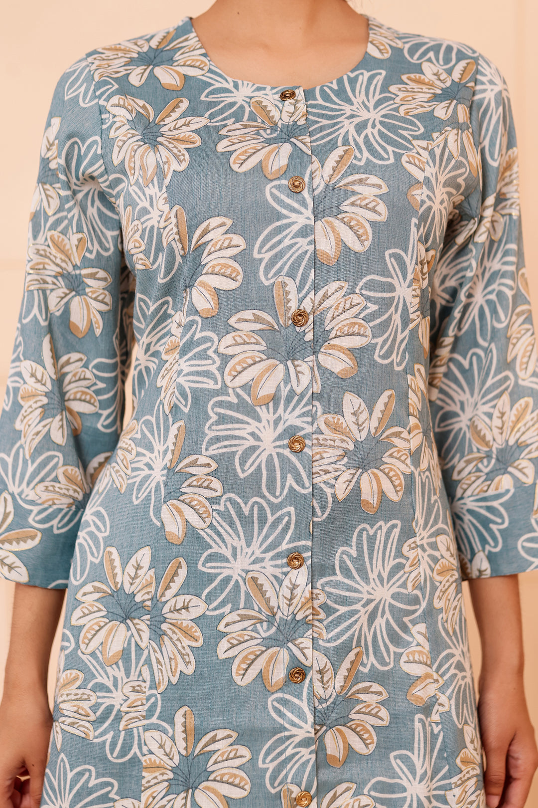 Dusty Blue Floral Printed Straight Cut Rayon Kurta Set.