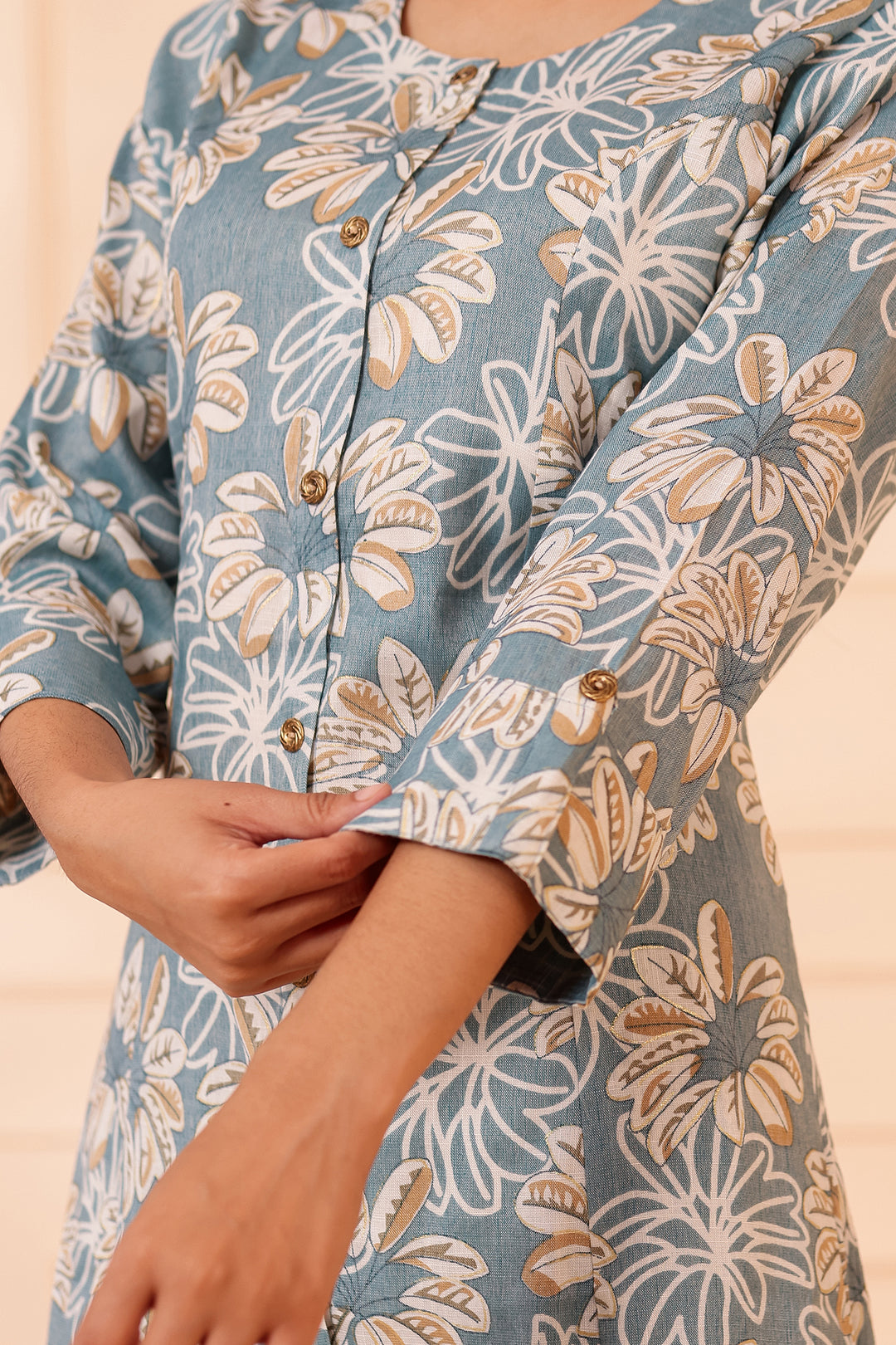 Dusty Blue Floral Printed Straight Cut Rayon Kurta Set.