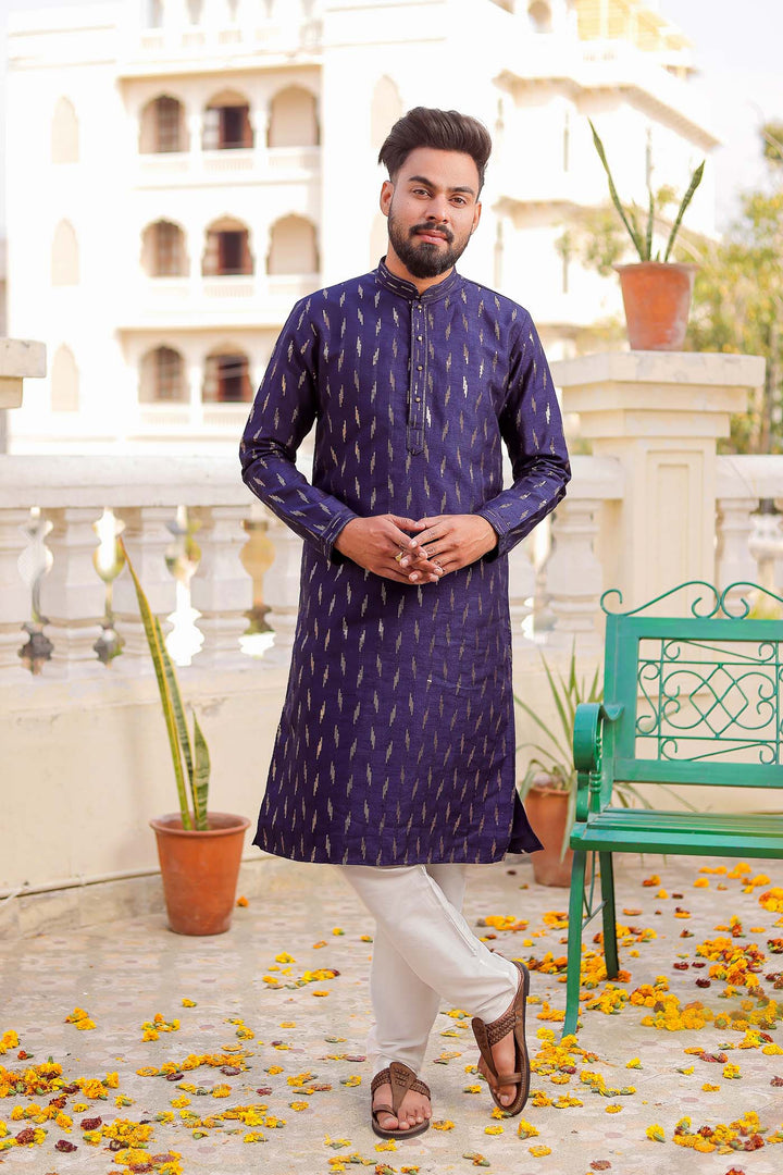 Navy Blue Raw Silk Kurta Suit With Sequin Embroidery All Over.