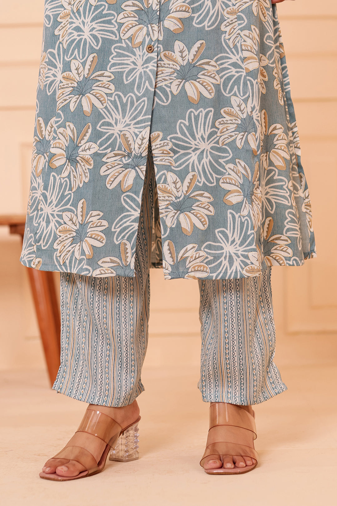 Dusty Blue Floral Printed Straight Cut Rayon Kurta Set.