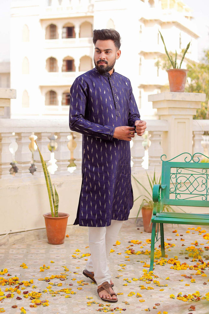 Navy Blue Raw Silk Kurta Suit With Sequin Embroidery All Over.