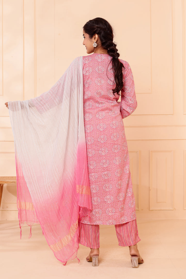 Light Pink Printed Straight Cut Rayon Kurta Set.