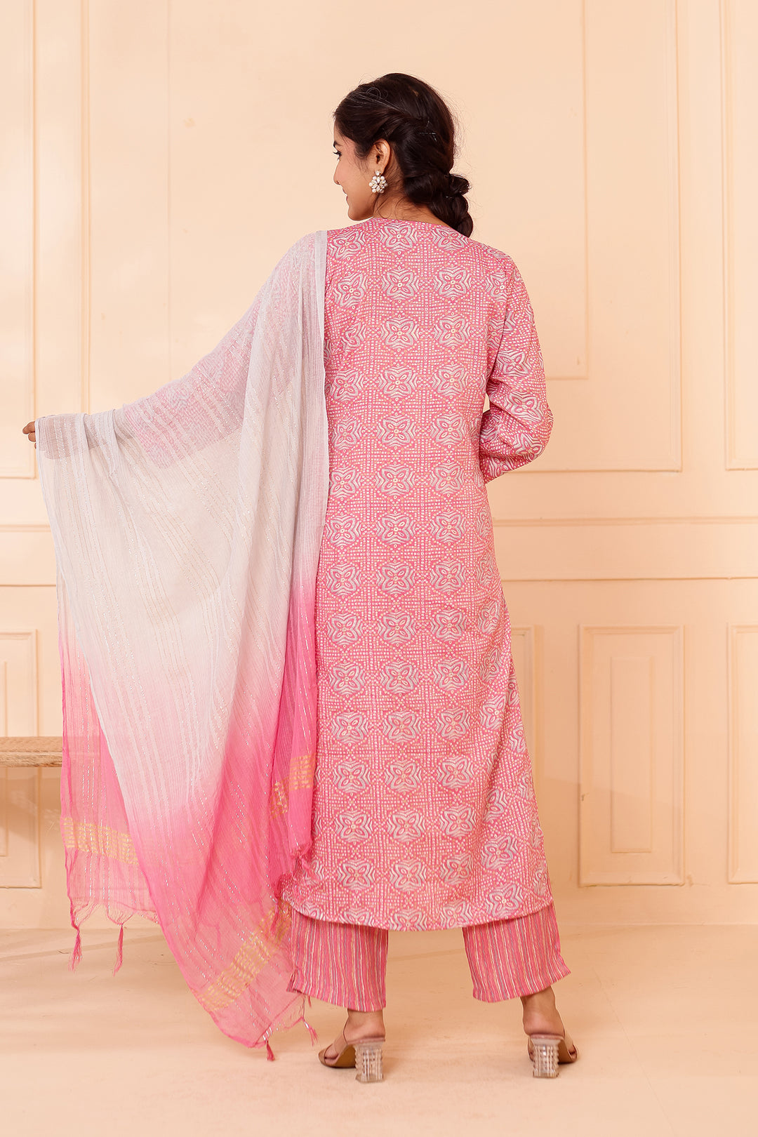 Light Pink Printed Straight Cut Rayon Kurta Set.