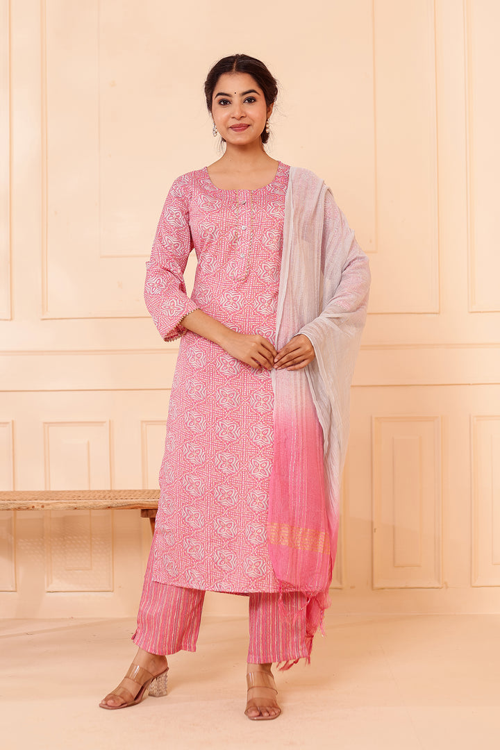 Light Pink Printed Straight Cut Rayon Kurta Set.