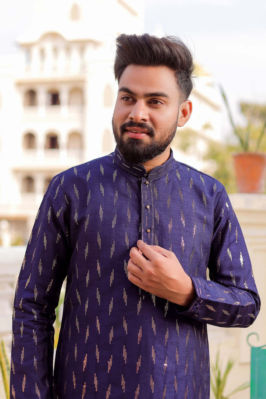 Navy Blue Raw Silk Kurta Suit With Sequin Embroidery All Over.