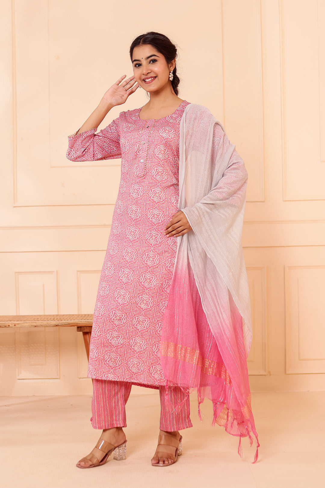 Light Pink Printed Straight Cut Rayon Kurta Set.