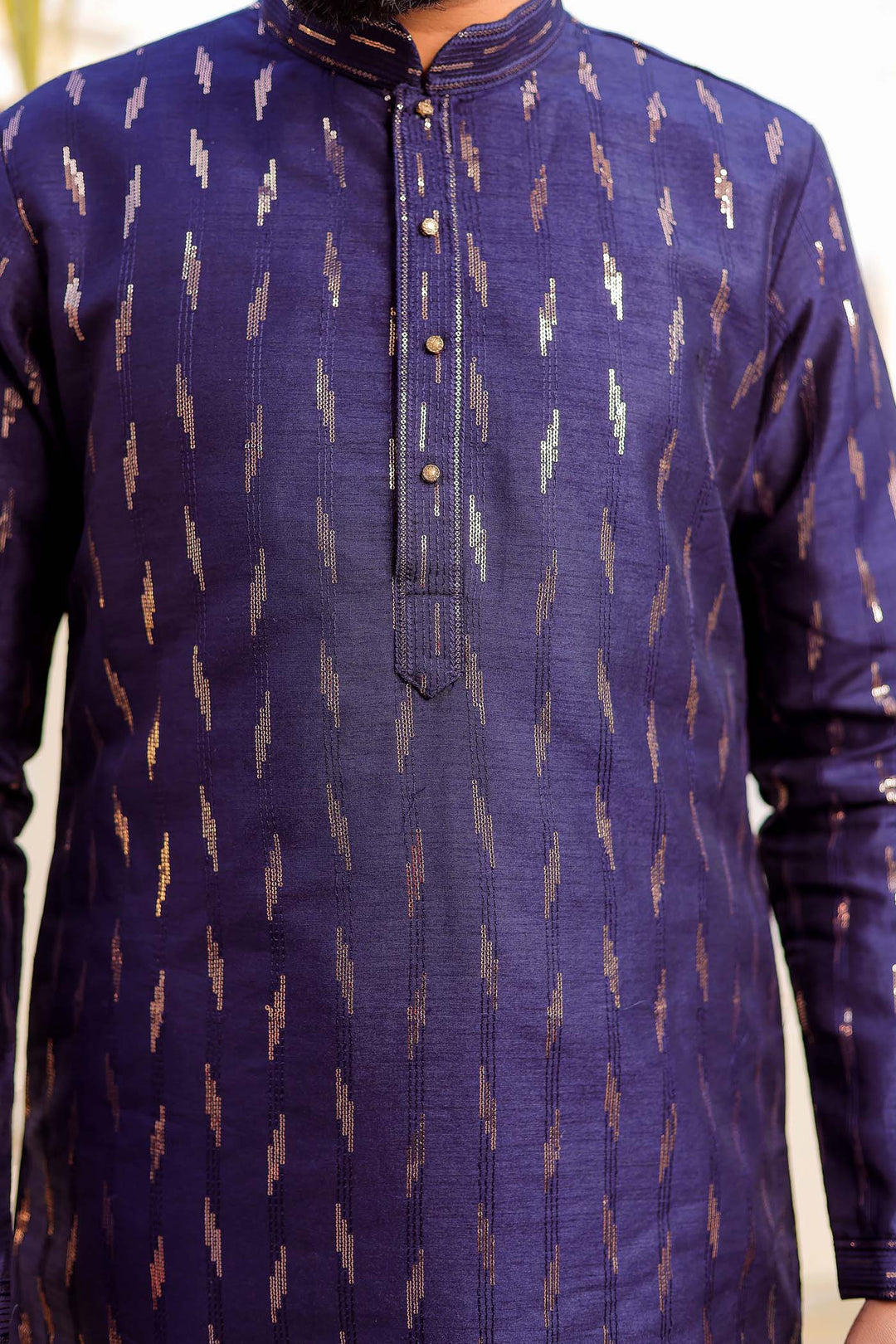 Navy Blue Raw Silk Kurta Suit With Sequin Embroidery All Over.