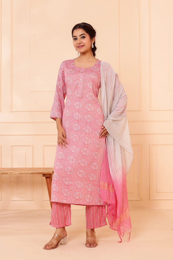 Light Pink Printed Straight Cut Rayon Kurta Set.