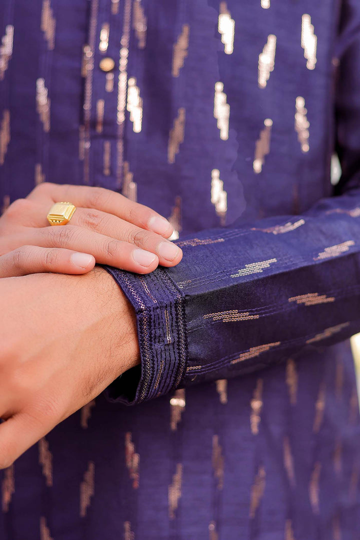 Navy Blue Raw Silk Kurta Suit With Sequin Embroidery All Over.