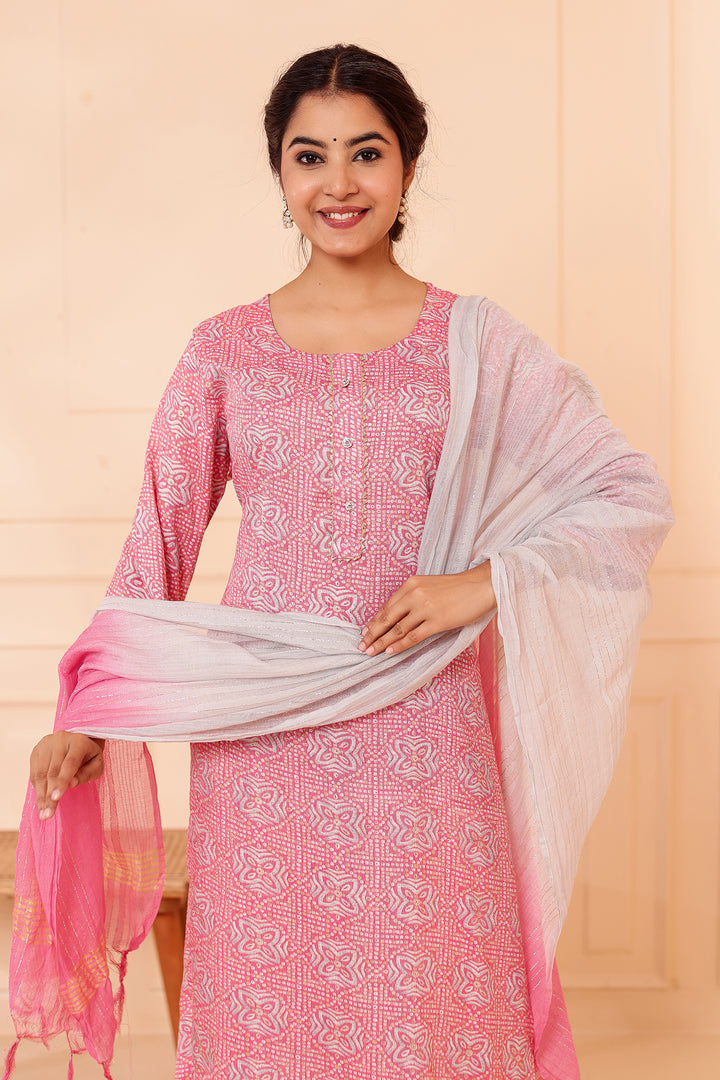 Light Pink Printed Straight Cut Rayon Kurta Set.