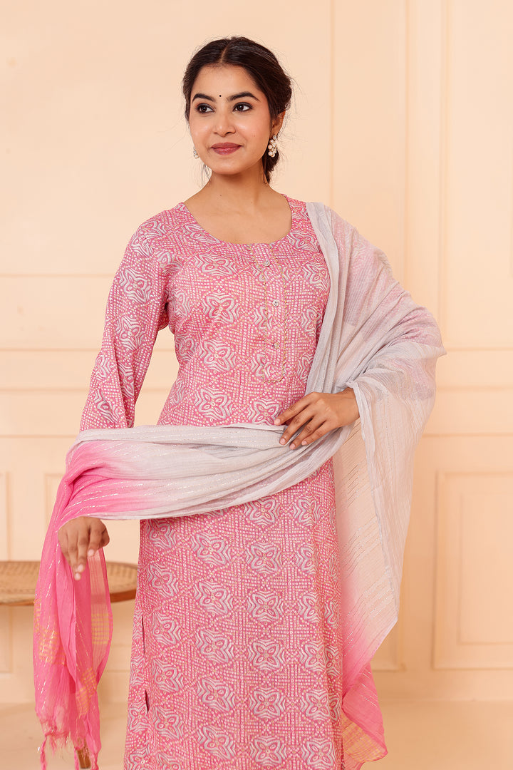 Light Pink Printed Straight Cut Rayon Kurta Set.