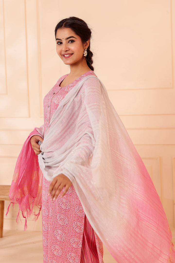 Light Pink Printed Straight Cut Rayon Kurta Set.