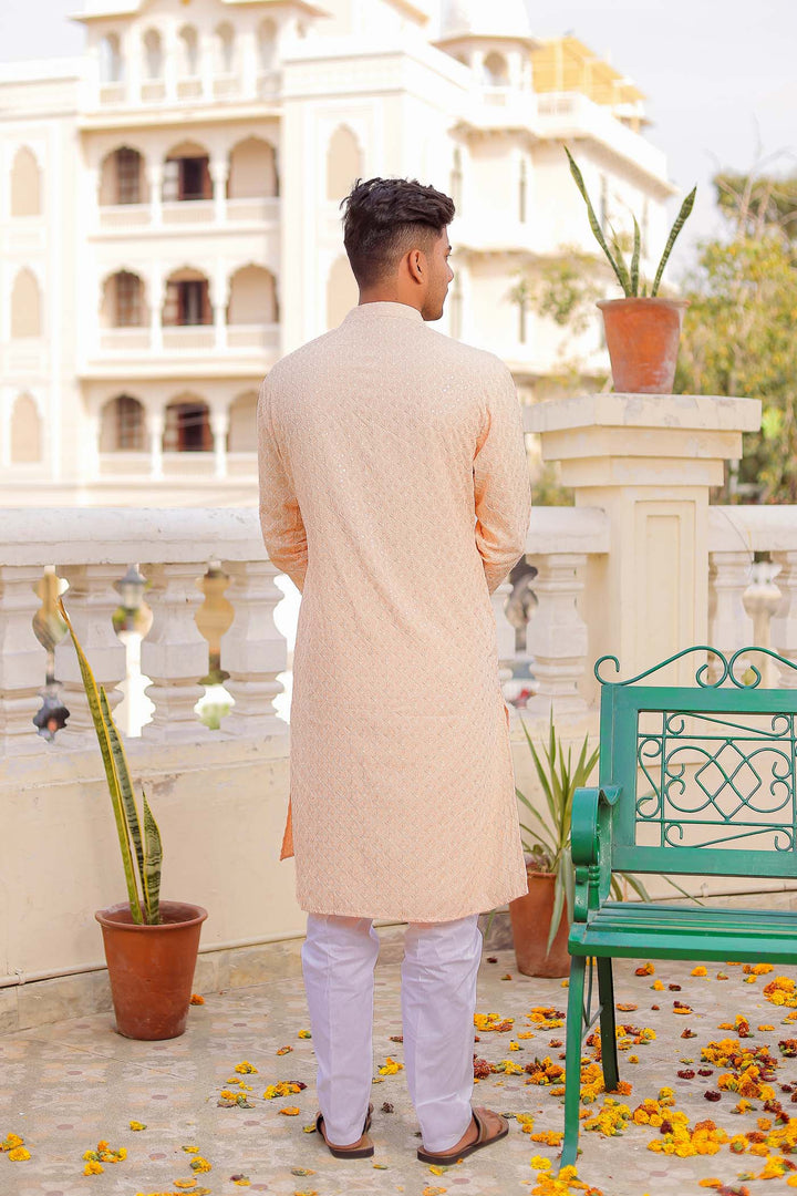 Peach Sequin Embellished Chikankari Kurta Suit.