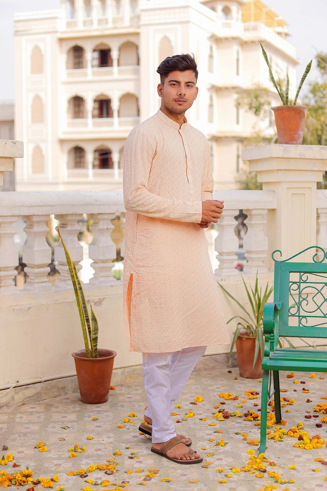 Peach Sequin Embellished Chikankari Kurta Suit.